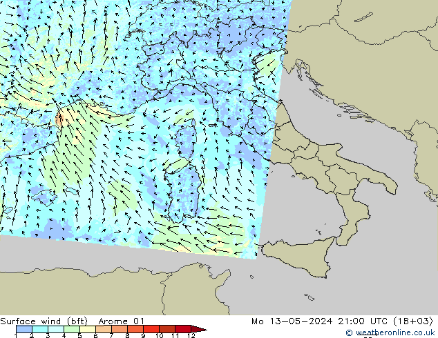 Surface wind (bft) Arome 01 Mo 13.05.2024 21 UTC