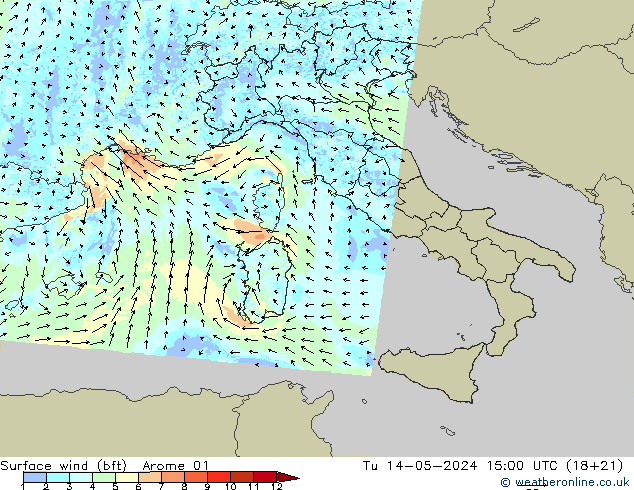 Surface wind (bft) Arome 01 Út 14.05.2024 15 UTC