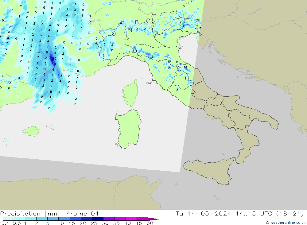 Srážky Arome 01 Út 14.05.2024 15 UTC