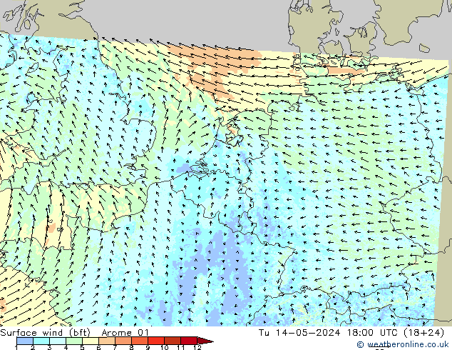 Surface wind (bft) Arome 01 Út 14.05.2024 18 UTC