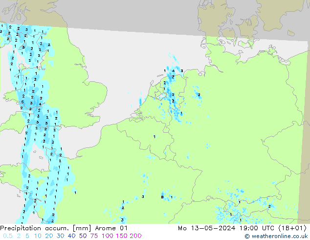 Precipitation accum. Arome 01 星期一 13.05.2024 19 UTC