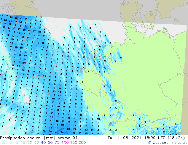 Totale neerslag Arome 01 di 14.05.2024 18 UTC