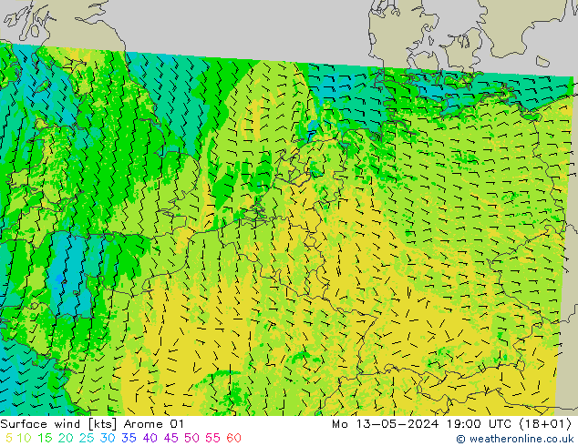 风 10 米 Arome 01 星期一 13.05.2024 19 UTC
