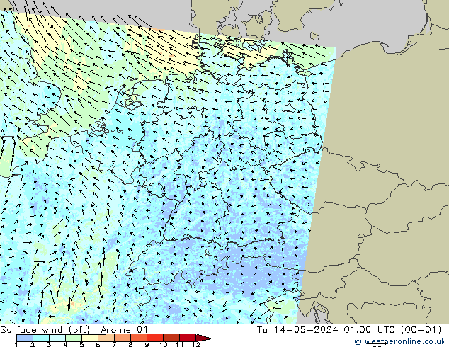 Surface wind (bft) Arome 01 Út 14.05.2024 01 UTC