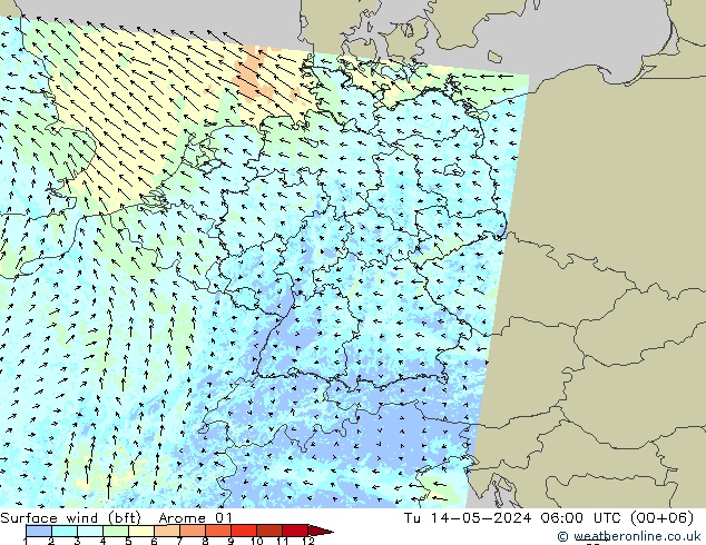 Rüzgar 10 m (bft) Arome 01 Sa 14.05.2024 06 UTC