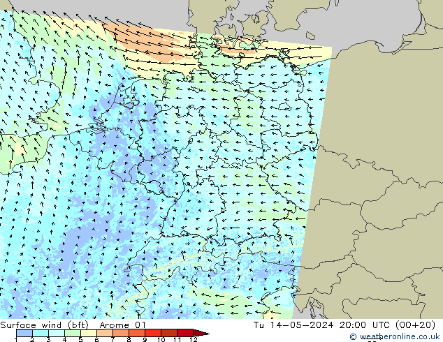 Rüzgar 10 m (bft) Arome 01 Sa 14.05.2024 20 UTC