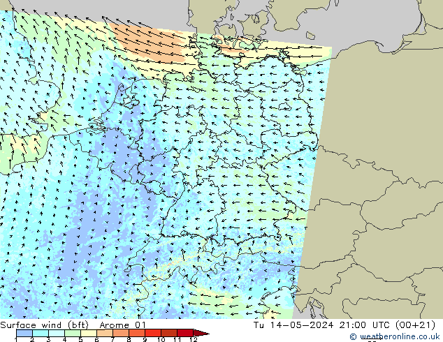 Wind 10 m (bft) Arome 01 di 14.05.2024 21 UTC