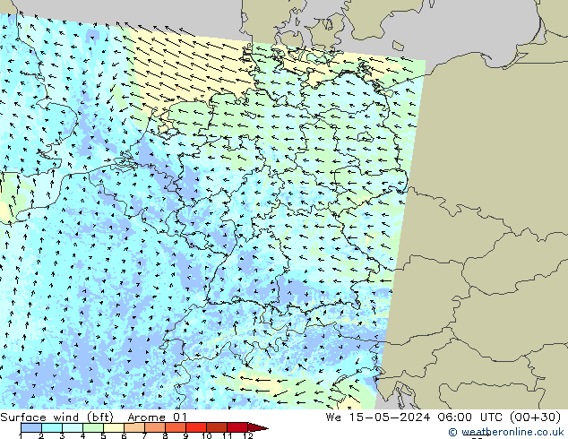 wiatr 10 m (bft) Arome 01 śro. 15.05.2024 06 UTC