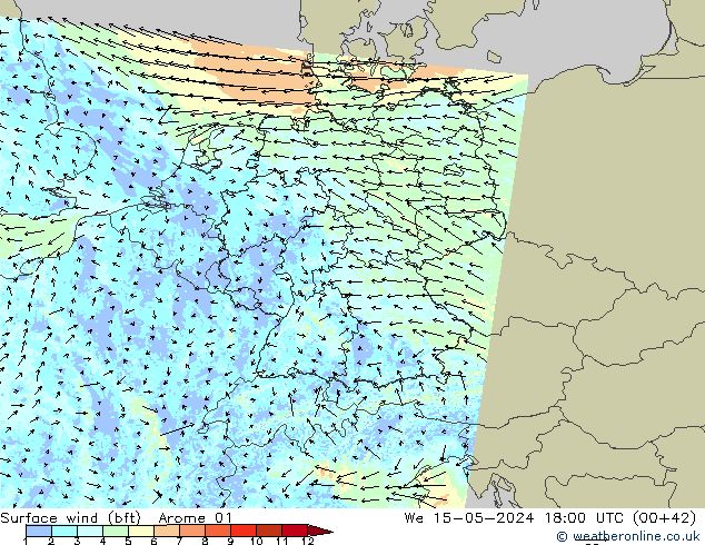 wiatr 10 m (bft) Arome 01 śro. 15.05.2024 18 UTC