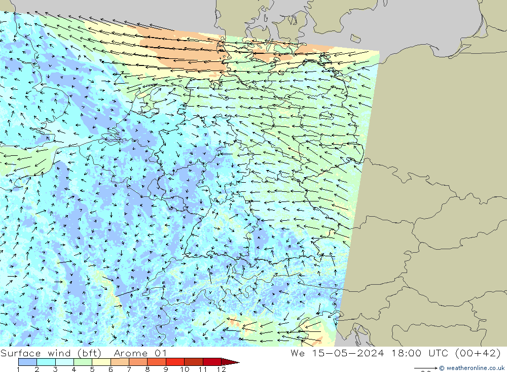 Bodenwind (bft) Arome 01 Mi 15.05.2024 18 UTC