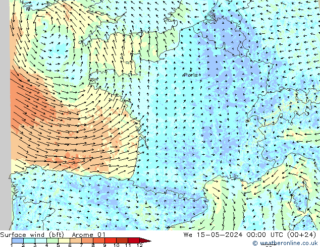 Surface wind (bft) Arome 01 St 15.05.2024 00 UTC