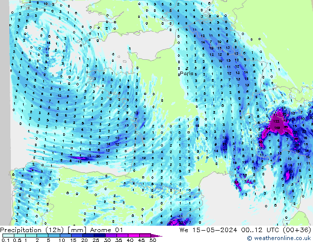 Precipitation (12h) Arome 01 We 15.05.2024 12 UTC
