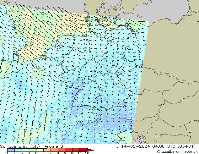 Wind 10 m (bft) Arome 01 di 14.05.2024 04 UTC