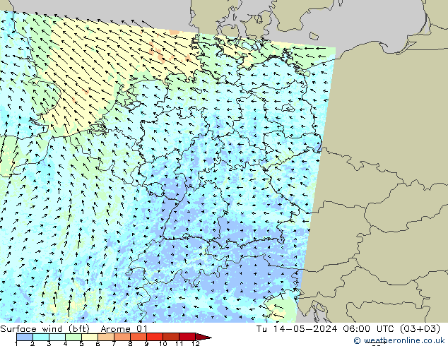 Bodenwind (bft) Arome 01 Di 14.05.2024 06 UTC