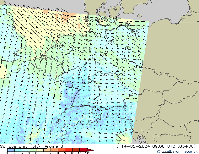 Wind 10 m (bft) Arome 01 di 14.05.2024 09 UTC