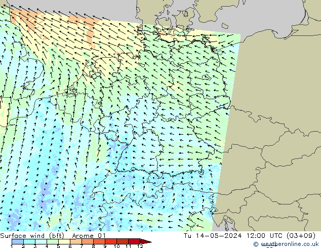 Rüzgar 10 m (bft) Arome 01 Sa 14.05.2024 12 UTC