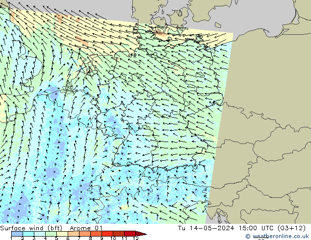 Rüzgar 10 m (bft) Arome 01 Sa 14.05.2024 15 UTC