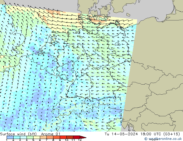 Rüzgar 10 m (bft) Arome 01 Sa 14.05.2024 18 UTC