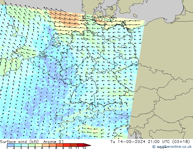 Surface wind (bft) Arome 01 Tu 14.05.2024 21 UTC