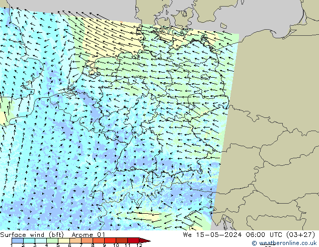 Surface wind (bft) Arome 01 We 15.05.2024 06 UTC