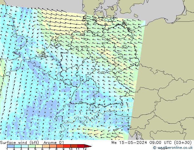 Bodenwind (bft) Arome 01 Mi 15.05.2024 09 UTC