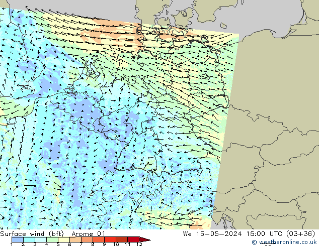 Wind 10 m (bft) Arome 01 wo 15.05.2024 15 UTC