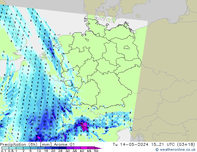 Precipitation (6h) Arome 01 Tu 14.05.2024 21 UTC