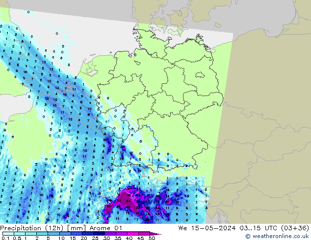 Yağış (12h) Arome 01 Çar 15.05.2024 15 UTC