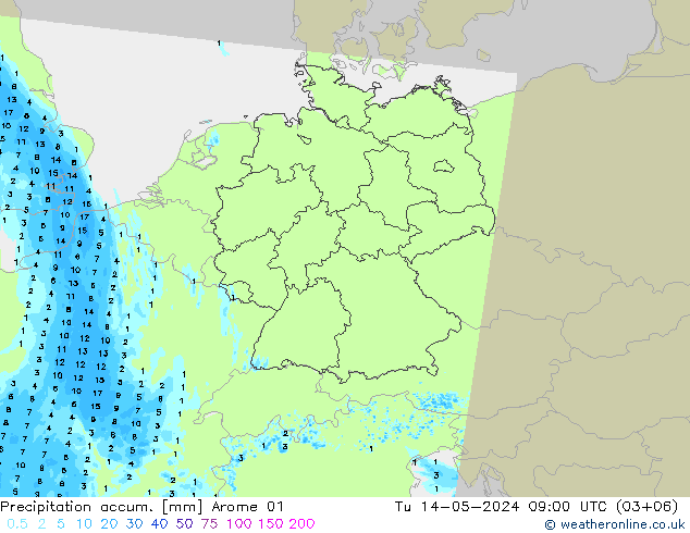 Precipitation accum. Arome 01 Tu 14.05.2024 09 UTC