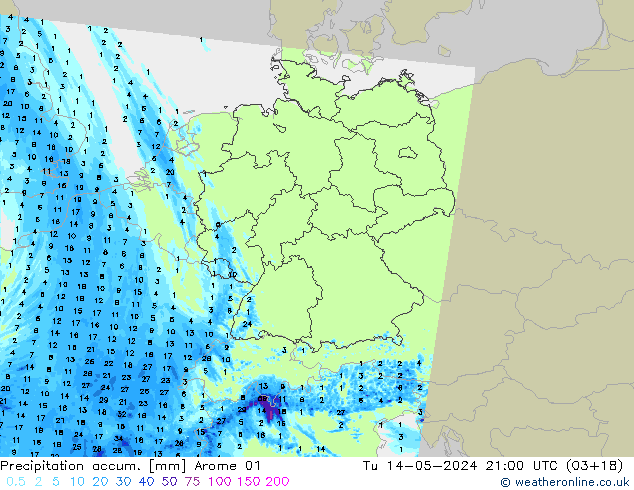 Totale neerslag Arome 01 di 14.05.2024 21 UTC