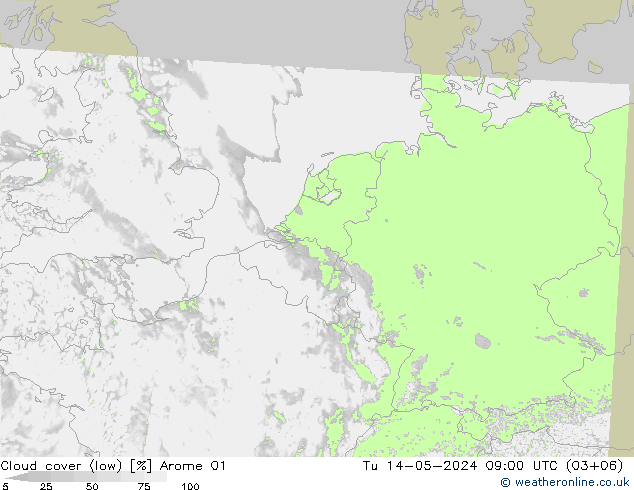 Wolken (tief) Arome 01 Di 14.05.2024 09 UTC