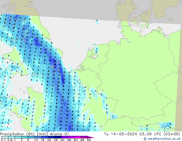 降水量 (6h) Arome 01 星期二 14.05.2024 09 UTC