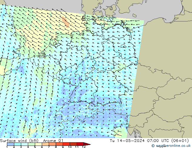 Surface wind (bft) Arome 01 Út 14.05.2024 07 UTC