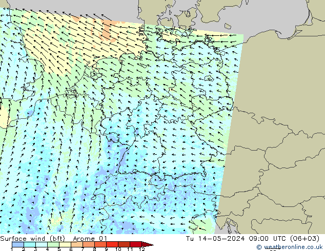 Rüzgar 10 m (bft) Arome 01 Sa 14.05.2024 09 UTC