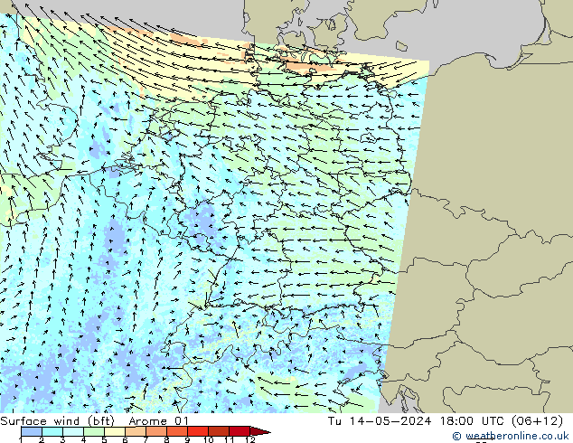 Vento 10 m (bft) Arome 01 mar 14.05.2024 18 UTC