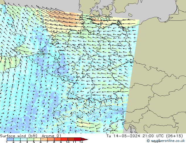 Surface wind (bft) Arome 01 Tu 14.05.2024 21 UTC