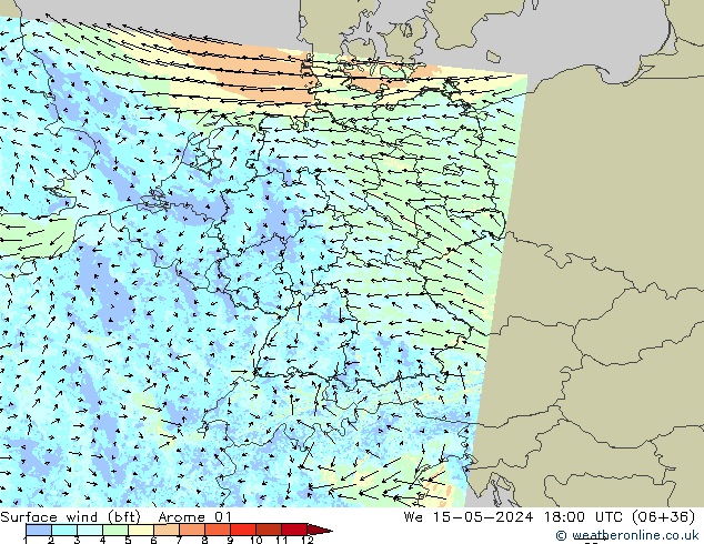 Surface wind (bft) Arome 01 St 15.05.2024 18 UTC