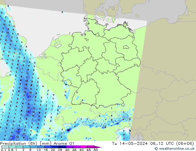 Precipitation (6h) Arome 01 Tu 14.05.2024 12 UTC