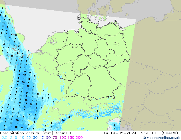 Totale neerslag Arome 01 di 14.05.2024 12 UTC