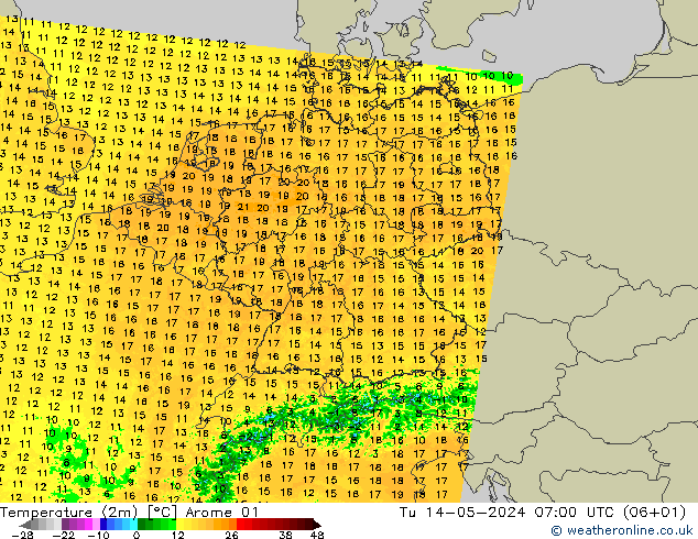 Temperatuurkaart (2m) Arome 01 di 14.05.2024 07 UTC