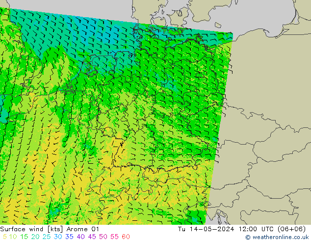 Vent 10 m Arome 01 mar 14.05.2024 12 UTC
