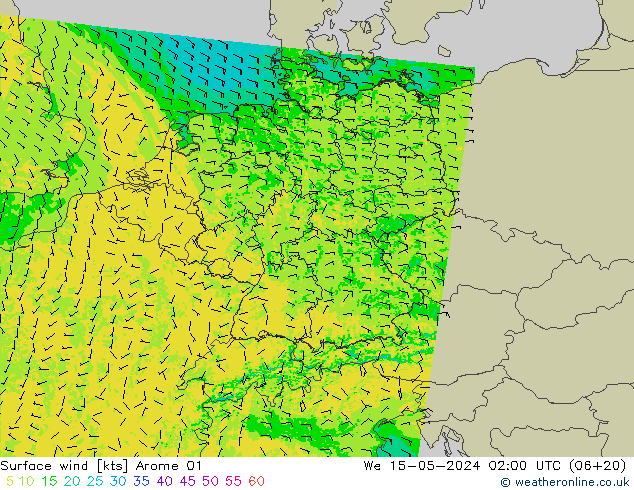 风 10 米 Arome 01 星期三 15.05.2024 02 UTC