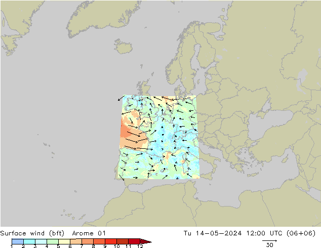Surface wind (bft) Arome 01 Út 14.05.2024 12 UTC