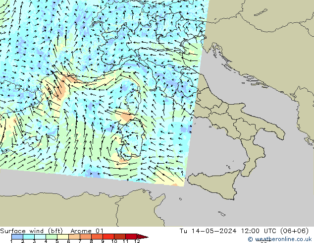 Wind 10 m (bft) Arome 01 di 14.05.2024 12 UTC
