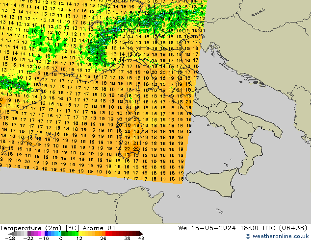 Temperatura (2m) Arome 01 mer 15.05.2024 18 UTC