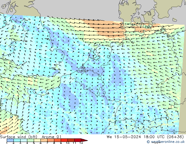 Surface wind (bft) Arome 01 We 15.05.2024 18 UTC