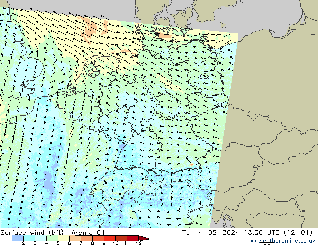 Surface wind (bft) Arome 01 Út 14.05.2024 13 UTC
