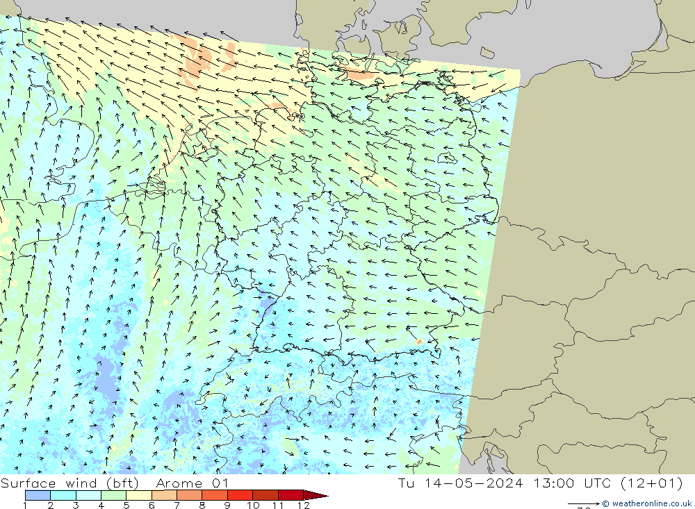 Surface wind (bft) Arome 01 Tu 14.05.2024 13 UTC