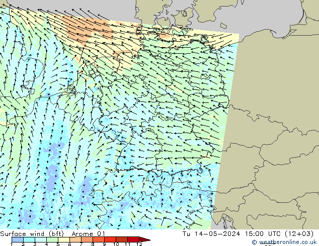 Wind 10 m (bft) Arome 01 di 14.05.2024 15 UTC