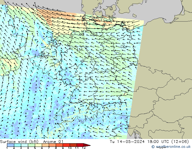 Surface wind (bft) Arome 01 Út 14.05.2024 18 UTC